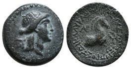 CILICIA. Seleukeia. Ae (2nd-1st centuries BC).
Obv: Laureate head of Apollo right; E (downward) to left.
Rev: ΣΕΛΕΥΚΕΩΝ ΤΩΝ ΠΡΟΣ ΤΩΙ ΚΑΛΥΚΑΔΝΩΙ.
Forep...
