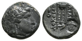 SELEUKID KINGDOM. Antiochos II Theos (261-246 BC). Ae. Sardes.
Obv: Laureate head of Apollo right.
Rev: BAΣΙΛΕΩΣ / ANTIOXOY.
Tripod. Controls: Monogra...