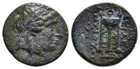 SELEUKID KINGDOM. Antiochos II Theos (261-246 BC). Ae. Sardes.
Obv: Laureate head of Apollo right.
Rev: BAΣΙΛΕΩΣ / ANTIOXOY.
Tripod. Controls: Monogra...