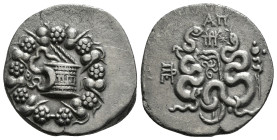 MYSIA. Pergamon. (Circa 133-67 BC.) AR Tetradrachm. Cistophoric standard.
Obv: Cista mystica within ivy wreath.
Rev: Two serpents entwined around bow ...
