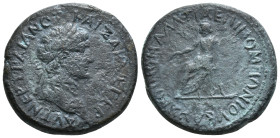 GALATIA. Koinon of Galatia. Trajan (98-117). Ae. Titus Pomponius Bassus, Presbytes.
Obv: ΑΥΤ ΝΕΡ ΤΡΑΙΑΝΟΣ ΚΑΙΣΑΡ ΣΕ ΓΕ.
Laureate head right.
Rev: ΚΟΙΝ...