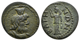 LYDIA. Bagis. Pseudo-autonomous. Time of Septimius Severus (193-211). Ae.
Obv: Draped bust of Serapis right, wearing calathus.
Rev: BAΓHNΩN.
Isis stan...