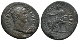 PHRYGIA, Hierapolis. Trajan. AD 98-117. Æ Obv : Laureate head right / Cybele seated left, holding patera and resting arm on drum; lion at feet left 15...