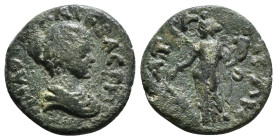 PAMPHYLIA, Attalia. Plautilla. Augusta, AD 202-205. Æ 12h). Draped bust right / Tyche standing left, holding rudder and cornucopia. 3,90 g - 19,15 mm....