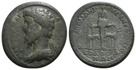 Phrygia. Kolossai. Aelius, as Caesar AD 136-138. Oct. Apollonios Oua., magistrate Æ
Obv : ΛΟΥ[ΚΙΟϹ] ΑΙΛΙ[ΟϹ ΚΑΙ]ϹΑΡ, draped and cuirassed bust left /...