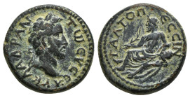 GALATIA. Pessinus. Antoninus Pius, 138-161. Assarion Obv : AY KA AΔP ANTⲰ ЄYCЄ Laureate head of Antoninus Pius to right. Rev. ΓAΛ TO ΠЄCCIN River-god ...