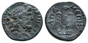 PHRYGIA. Apameia. Pseudo-autonomous. Time of the Severans (193 - 235). Ae.
Obv: ZЄVC KЄΛЄNЄVC.
Draped bust of Zeus Kelaineos right.
Rev: AΠAMЄΩN.
Eagl...