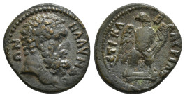 LYDIA. Blaundus. Pseudo-autonomous. Time of Marcus Aurelius (161-180). Ae. Kl. Valerianos, strategos.
Obv: BΛAVNΔЄΩN.
Bare and bearded head of Herakle...