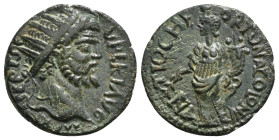 PISIDIA. Antioch. Septimius Severus (193-211). Ae.
Obv: IMP SEPT SEV PERT AVG.
Radiate head right.
Rev: ANTIOCH COLONIAE.
Mên standing right, with foo...