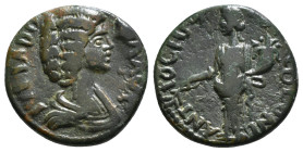PISIDIA. Antioch. Julia Domna (Augusta, 193-217). Ae.
Obv: IVLIA AVGVSTA.
Draped bust right.
Rev: ANTIOCH GEN COL CA.
Tyche standing left, holding bra...