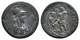 PHRYGIA.Cadi .Pseudo autonomous Issue.(2nd Century BC). AE.
Obv : Helmeted bust of Athena right.
Rev : KAΔO HNΩN.
Dionysos standing left, holding kant...