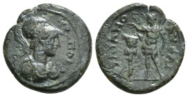 LYDIA, Tripolis. Trajan, 98-117. Assarion (?)Obv : TPIΠOΛ Bust of Athena to right, wearing Corinthian helmet, Aegis bound around neck. Rev. AV KAI TPA...