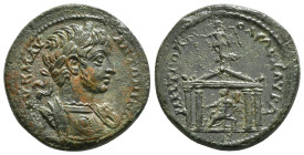 CILICIA. Isaura. Caracalla. 198-217 AD. Æ Obv : Laureate and cuirassed bust right /Rev : Tetrastyle temple, Tyche seated within, holding rudder and co...