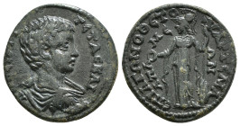 PHRYGIA. Apameia. Geta (Caesar, 198-209). Ae. Artemas Agonothetes, magistrate.
Obv: ΠO CЄΠTI ΓЄTAC KAI.
Bareheaded, draped and cuirassed bust right.
R...