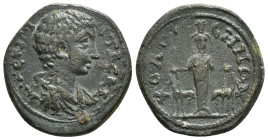 PHRYGIA. Colossae. Geta (Caesar, 198-209). Ae.
Obv: Λ CEΠ ΓETAC KA.
Bareheaded, draped and cuirassed bust right.
Rev: KOΛOCCHNΩN.
Facing statue of...