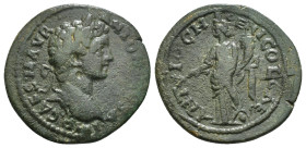 PISIDIA. Antioch. Caracalla (198-217). Ae.
Obv: IMP CAES M AVR ANTONINVS.
Laureate head right.
Rev: ANTIOCH GENI COL AS.
Tyche standing left, holding ...
