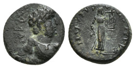 LYDIA. Philadelphia. Domitian (Caesar, 69-81). Ae.
Obv: ΔOMITIAN KAICAP.
Bareheaded, draped and cuirassed bust right.
Rev: ΦΛA ΦIΛAΔЄΛΦЄΩN.
Apollo sta...