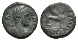 PAMPHYLIA, Perge. Hadrian. AD 117-138. Æ Obv : Laureate, draped, and cuirassed bust right, seen from behind / Sphinx standing right, wearing kalathos ...