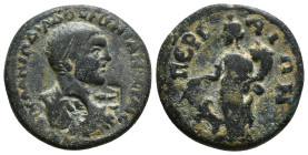 PAMPHYLIA, Perge. Diadumenian. As Caesar, AD 217-218. Æ Obv : Bareheaded, draped, and cuirassed bust right, seen from behind / Tyche standing facing, ...