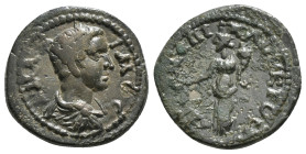 Maximus, Caesar (AD 235-238) AE. Obv : ΜΑΞΙΜΟϹ ; bare-headed, draped and cuirassed bust of Maximus, right, seen from front / Tyche standing facing, he...