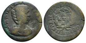 PHRYGIA,Hierapolis, Annia Faustina (Augusta, 221). AE
Obv: ΑΝΝΙΑ ΦΑVСΤЄΙΝΑ СЄΒ - Draped bust right, wearing stephane; c/m: Figure holding scepter (?) ...