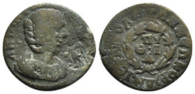 PHRYGIA,Hierapolis, Annia Faustina (Augusta, 221). AE
Obv: ΑΝΝΙΑ ΦΑVСΤЄΙΝΑ СЄΒ - Draped bust right, wearing stephane; c/m: Figure holding scepter (?) ...