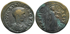PHRYGIA. Hierapolis. Philip II (Caesar, 244-247). Ae.
Obv: M IOVΛ ΦIΛIΠΠOC KAI.
Bareheaded, draped and cuirassed bust right.
Rev: IЄPAΠOΛЄITΩN.
Apollo...