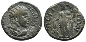 PAMPHYLIA. Perge. Elagabalus (218-222). Ae.
Obv: ΑΥ Κ Μ ΑΥ ΑΝΤΩΝΙΝΟϹ.
Radiate, draped and cuirassed bust right. Cm / A.K
Rev: ΠЄΡΓΑΙΩΝ.
Tyche standing...
