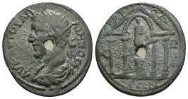 CARIA. Aphrodisias. Gallienus (253-268). Ae.
Obv: AYK AI ΠO ΛI ΓAΛΛIHNOC.
Radiate, draped and cuirassed bust left.
Rev: AΦPOΔICIЄΩN.
Tetrastyle temple...