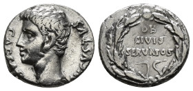 Augustus (27 BC-AD 14). AR denarius 
Spain, Caesareaugusta, 19-18 BC. Bare head of Augustus left / OB CIVIS SERVATOS in three lines within oak wreath....