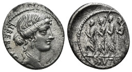 M. Iunius Brutus. Denarius 
LIBERTAS Head of Libertas r. Rev. The consul L. Iunius Brutus walking l. between two lectors preceded by an accensus. In e...