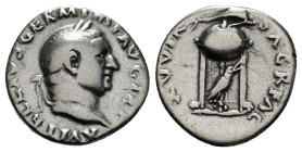 Roman Imperial
AD 69. AR Denarius (3,16 g). Rome mint. Struck circa late April-20 December. Laureate head right / Tripod-lebes surmounted by dolphin ...