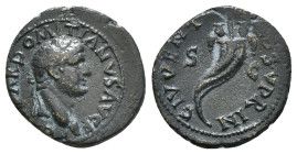 Roman Imperial
Domitian as Caesar, AD 69-81. AE, Semis. 2,30 g. 17 mm. Uncertain mint,
Obv: CAESAR DOMITIANVS AVG F. Head of Domitian, laureate, rig...