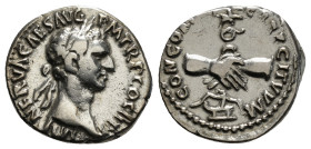 Roman Imperial
Nerva. AD 96-98. AR Denarius (3,44 g). Rome mint. Struck AD 96. Laureate head right / Clasped right hands, holding aquila set on prow. ...