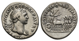 Roman Imperial
Trajan, (A.D. 98-117), silver denarius, issued 107, Rome Mint, (3,32 g), obv. laureate head to right of Trajan, around IMP TRAIANO AVG...