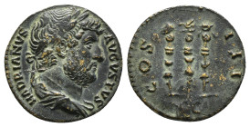 Hadrian, AD 117-138. AE, Quadrans. 2,64 g. 
Rome.
Obv: HADRI]ANVS AVGVSTVS P P. Head of Hadrian, laureate, right.
Rev: COS III, S C. Eagle between two...