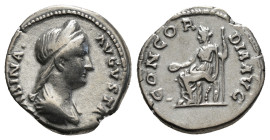 Sabina (Augusta, 128-136). Denarius. Rome. 3,34 g
Obv: SABINA AVGVSTA.
Draped bust right.
Rev: CONCORDIA AVG.
Concordia seated left on throne, holding...