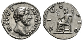 Roman Imperial
Divus Antoninus Pius AR Denarius. Rome, after AD 161. DIVVS ANTONINVS, bare head to right / DIVO PIO, emperor seated to left, holding b...