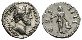 Roman Imperial
Antoninus Pius AR Denarius. Rome, AD 155. ANTONINVS AVG PIVS P P TR P, laureate head to right / COS IIII, Annona standing to left, hold...