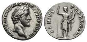 Roman Imperial
Antoninus Pius AR Denarius. Rome, AD 140-143. ANTONINVS AVG PIVS P P TR P COS III, bare head to right / GENIVS POP ROMANI, Genius stand...