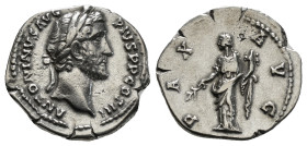 Roman Imperial
Antoninus Pius AR Denarius. Rome, AD 140-144. ANTONINVS AVG PIVS P P COS III, laureate head to right / PAX AVG, Pax standing facing, he...