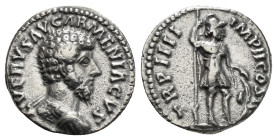 Roman Imperial
Lucius Verus AR Denarius. Rome, AD 163-164. L VERVS AVG ARMENIACVS, laureate head to right / TR P IIII IMP II COS II, Mars standing to ...