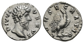 Roman Imperial
Divus Lucius Verus AR Denarius. Rome, AD 169. DIVVS VERVS, bare head to right / CONSECRATIO, eagle standing to right with head to left....