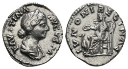 Roman Imperial
Faustina II (daughter of A. Pius) AR Denarius. Rome, AD 145-161. FAVSTINA AVGVSTA, draped bust right / IVNONI REGINAE, Juno, veiled, se...