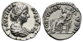 Roman Imperial
Faustina II (wife of M. Aurelius) AR Denarius. Rome, AD 161-175. FAVSTINA AVGVSTA, draped bust to right / FORTVNAE MVLIEBRI, Fortuna se...