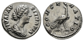 Roman Imperial
Diva Faustina II (wife of M. Aurelius) AR Denarius. Rome, AD 176-180. DIVA FAVSTINA PIA, draped bust to right / CONSECRATIO, peacock st...