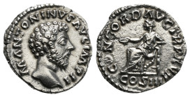 Roman Imperial
Marcus Aurelius AR Denarius. Rome, AD 162-163. M ANTONINVS AVG IMP II, bare head to right / CONCORD AVG TR P XVII, Concordia seated to ...