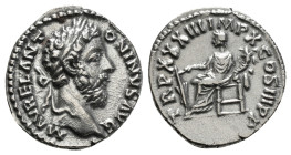 Roman Imperial
Marcus Aurelius AR Denarius. Rome, AD 179-180. M AVREL ANTONINVS AVG, laureate, draped and cuirassed bust to right / TR P XXXIII IMP X ...