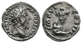 Roman Imperial
Marcus Aurelius AR Denarius. Rome, AD 174-175. M ANTONINVS AVG TR P XXVIII, laureate head to right / IMP VII COS III, Germanic captive ...