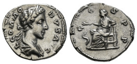 Roman Imperial
Commodus AR Denarius. Rome, AD 179. L COMMODVS AVG, laureate, draped and cuirassed bust right / COS P P, Salus seated left, holding bra...